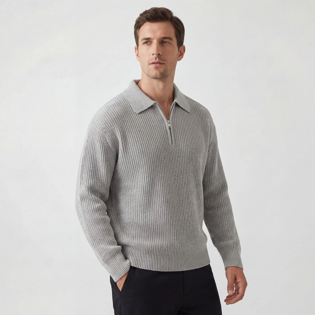 Men's Knit Zip Sweater – Textured Cotton, Relaxed Fit, Modern Collar