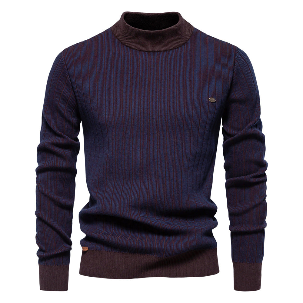 Men's Cotton Blend Slim Pullover Top – Half Turtleneck Striped Design