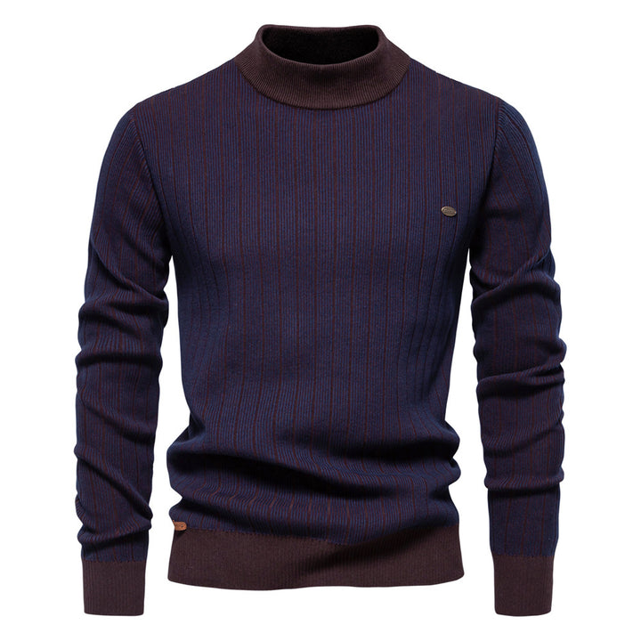 Men's Cotton Blend Slim Pullover Top – Half Turtleneck Striped Design