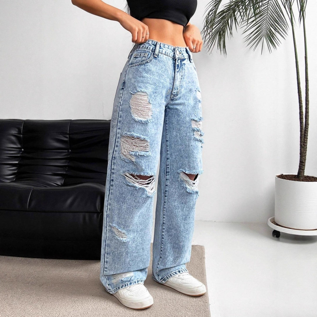 Women's High Waist Straight Leg Jeans – Distressed Hole Detail