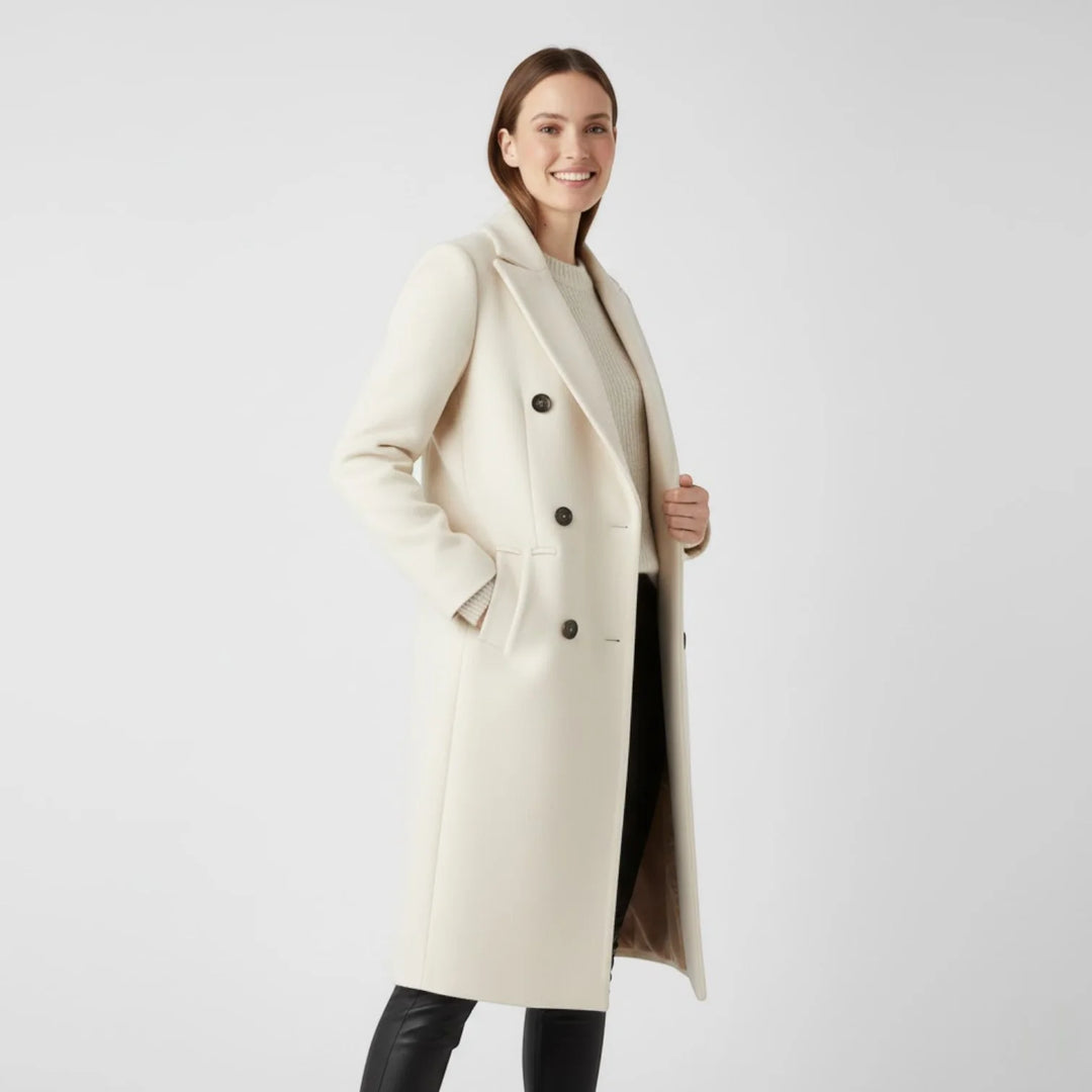 Women's Wool Blend Double-Breasted Coat with Notched Collar