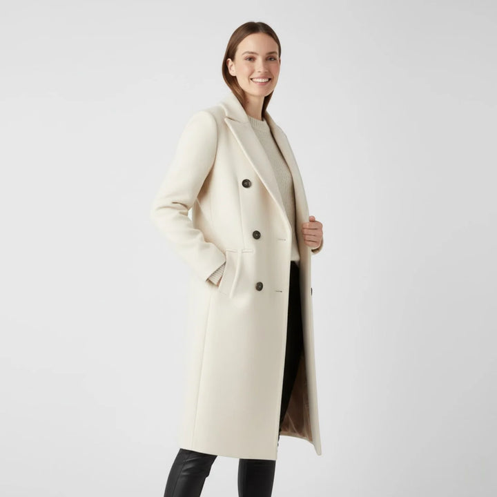 Women's Wool Blend Double-Breasted Coat with Notched Collar