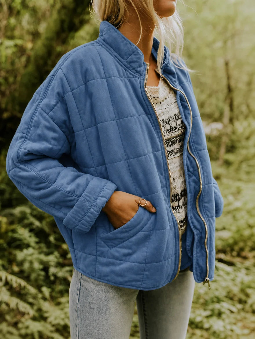 Women's Quilted Nylon Jacket – Stand Collar Zip-Up with Pockets