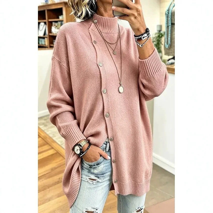 Women's Knit Turtleneck Cardigan – Button-Front Mid-Length Layer
