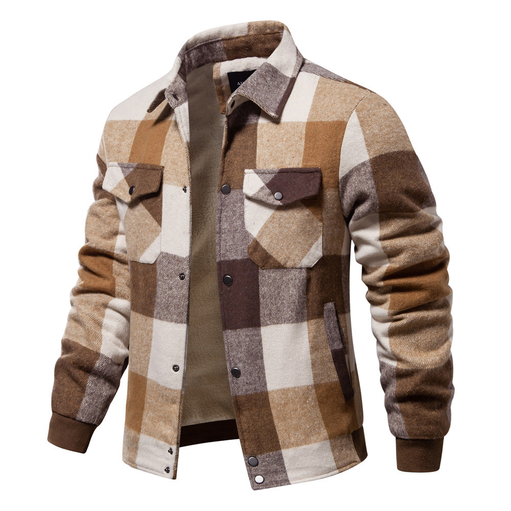 Men's Plaid Jacket – Cotton Outer, Zipper Pockets, Casual Fit