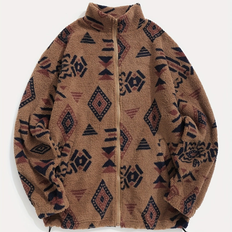 Women's Polar Fleece Coat – Geometric Print Plush Collar