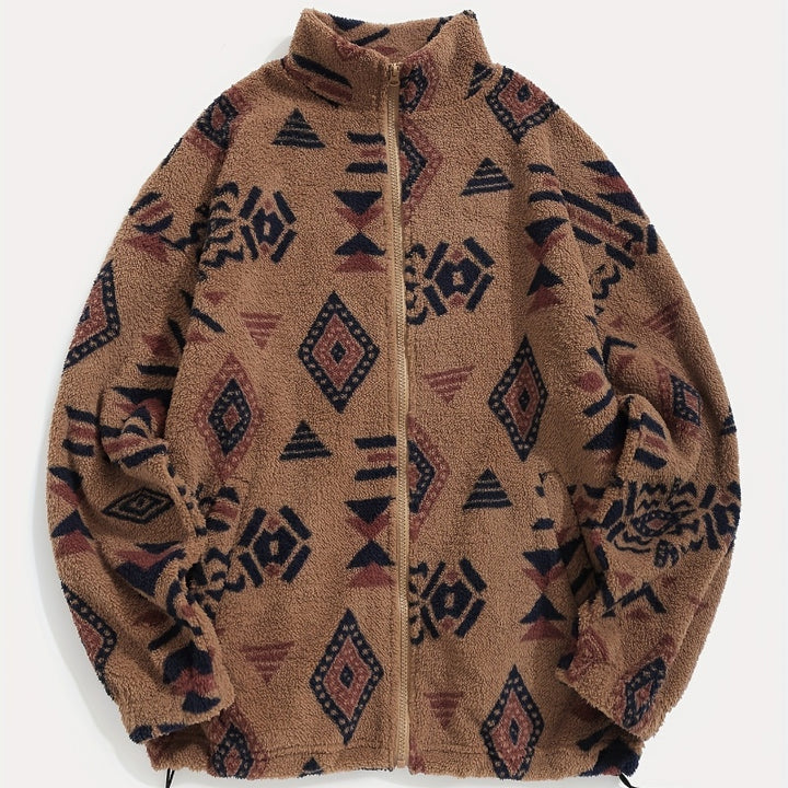 Women's Polar Fleece Coat – Geometric Print Plush Collar