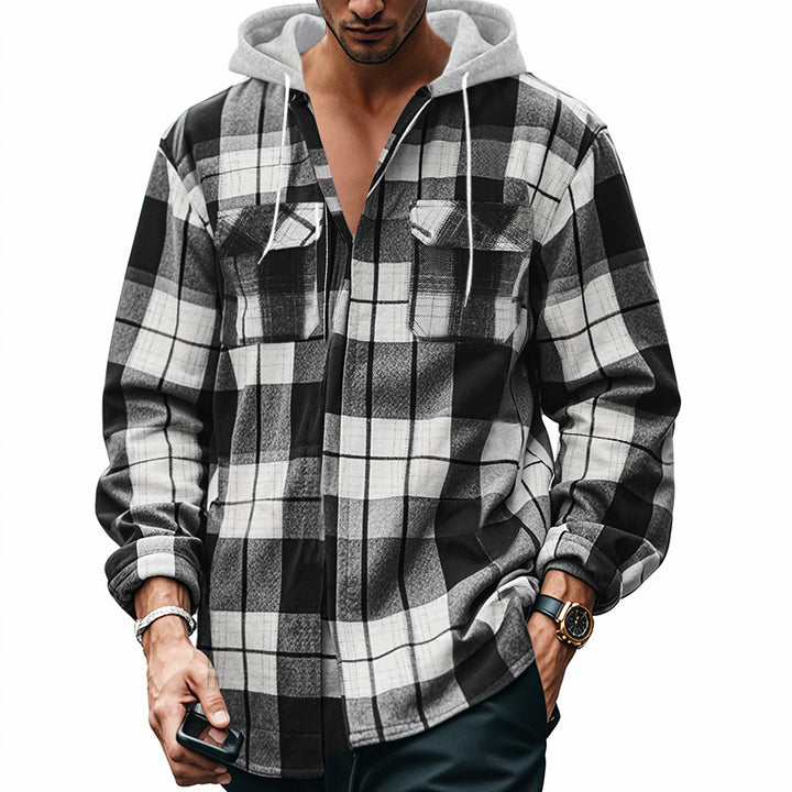 Men's Flannel Hooded Shirt – Plaid Cardigan Style, Relaxed Fit