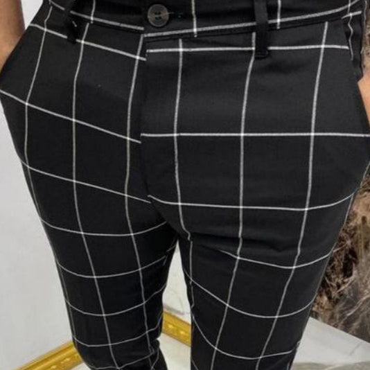 Men's Plaid Cotton Trousers – Slim Mid-Rise Cut with Stretch