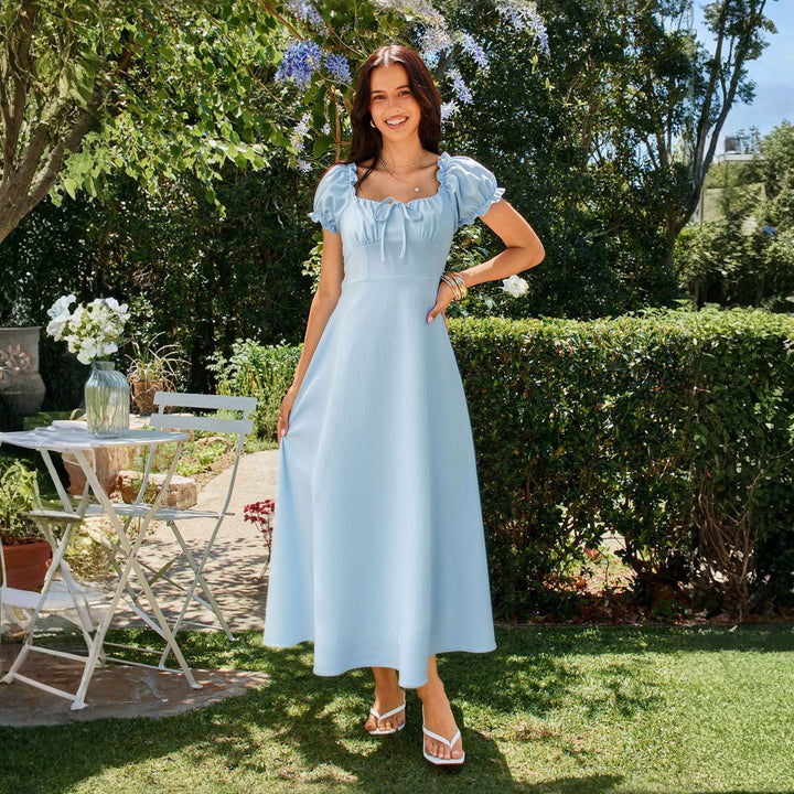Women's Square-Neck Midi Dress – Lace-Up Waist and A-Line Silhouette