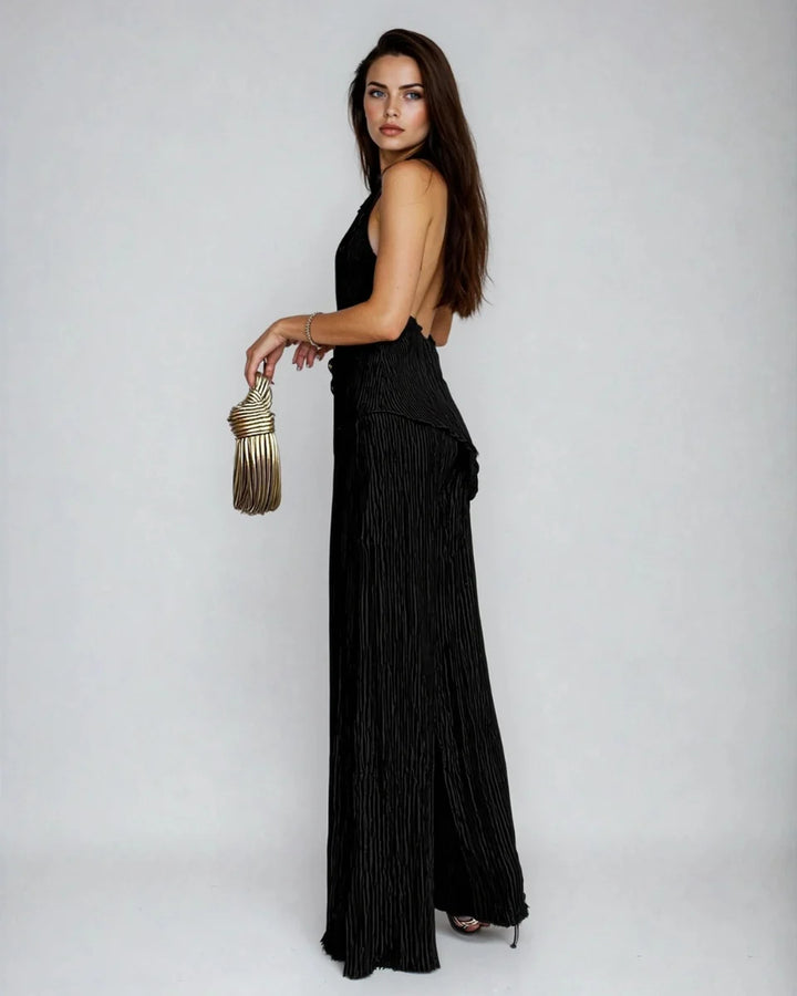 Women's Asymmetrical Off Shoulder Set – Pleated Elastic Waist Trousers