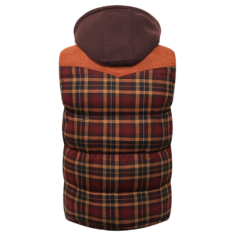 Men's Plaid Hooded Vest – Thick Padded Sleeveless Outerwear