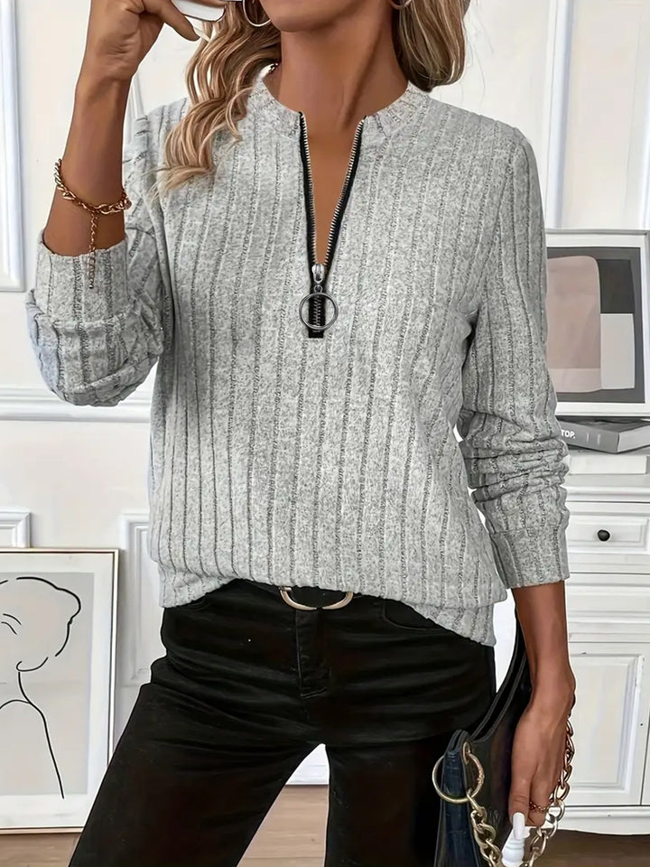 Women's Rib-Knit Long Sleeve Top – Zip Neck, Relaxed Fit