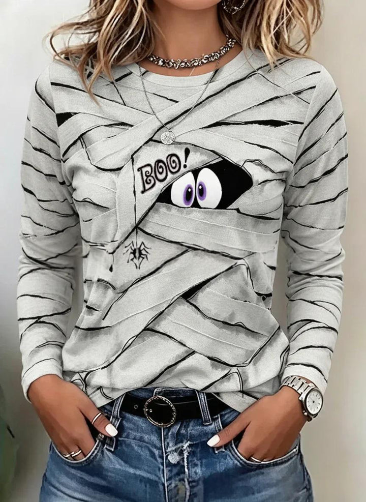 Women's Printed Crew Neck Long Sleeve Top – 3D Visual Texture