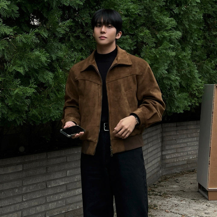 Men's Suede Look Collared Jacket – Lapel Style Outerwear