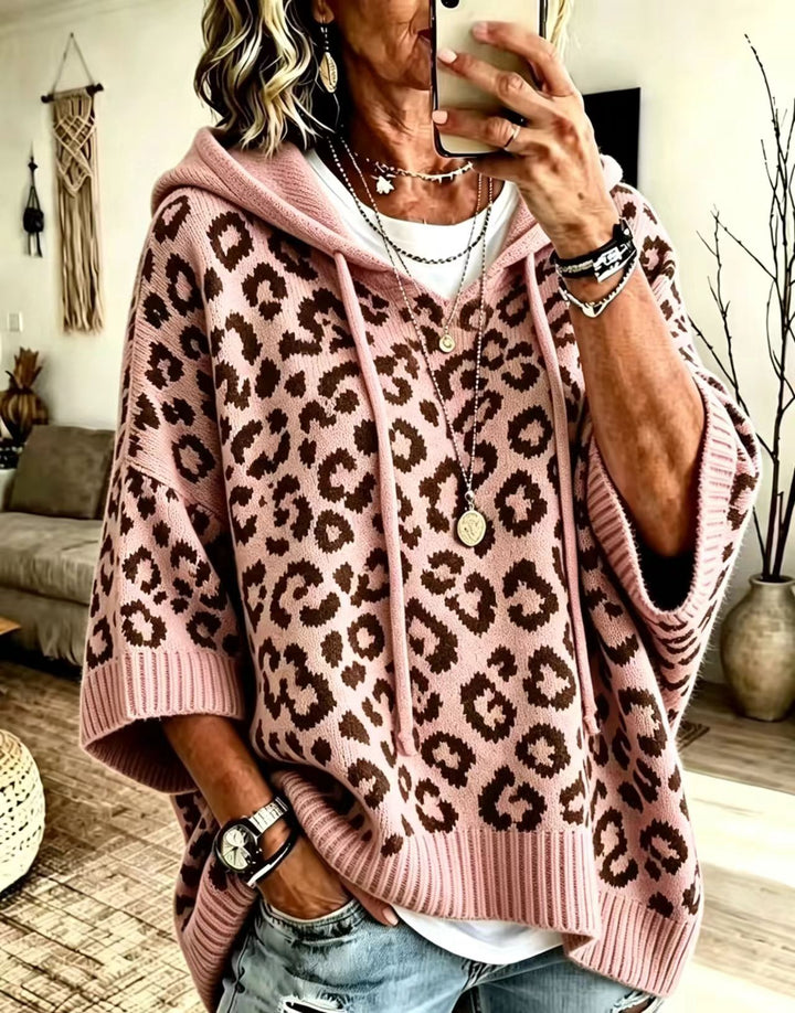 Women's Knit Leopard Print Pullover Sweater – Hooded Loose Fit