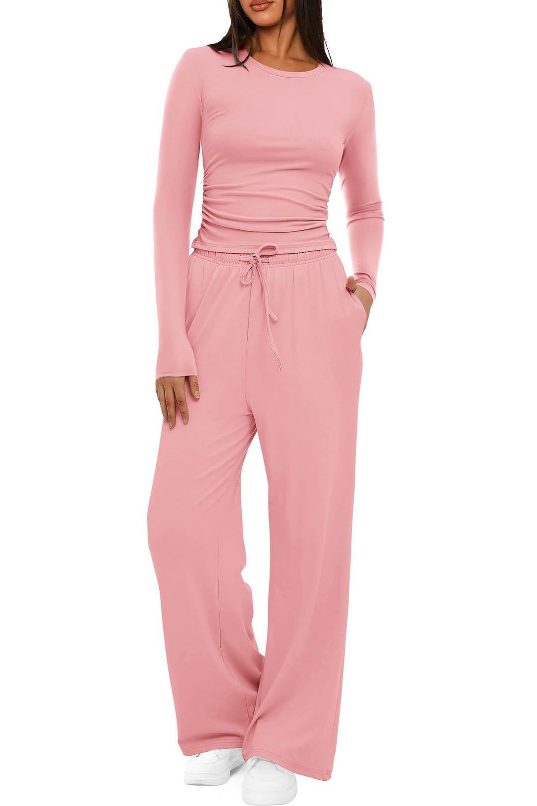 Women's Two Piece Set Wide Leg Pants & Long Sleeve Top – Relaxed Fit