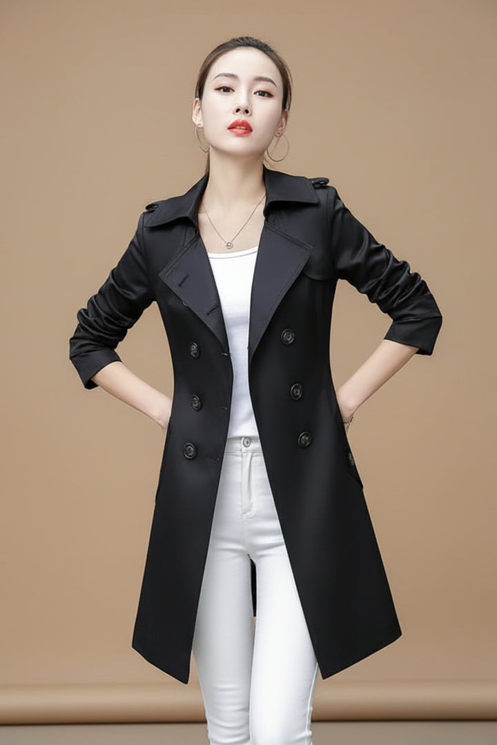Women's Trench Coat – Slim Double Breasted Cotton Blend, Belted