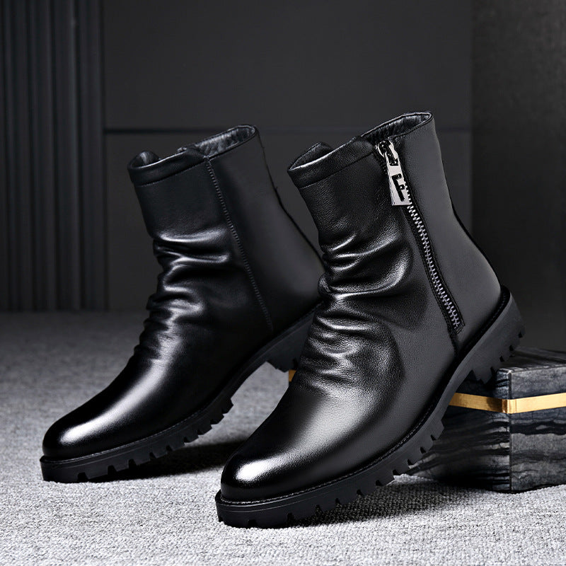 Men's Leather Boot – Side Zip Low Heel Winter Style