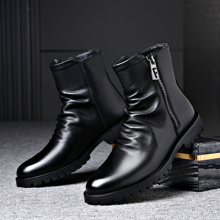 Men's Leather Boot – Side Zip Low Heel Winter Style