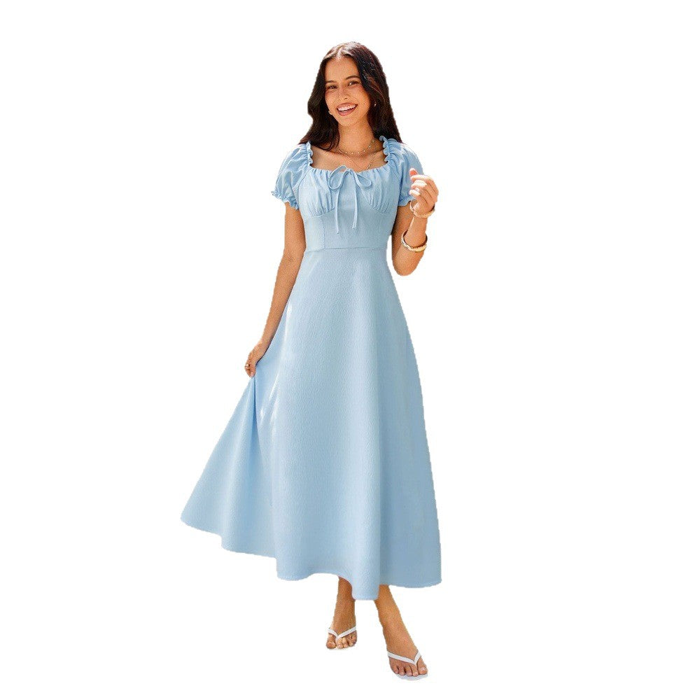 Women's Square-Neck Midi Dress – Lace-Up Waist and A-Line Silhouette