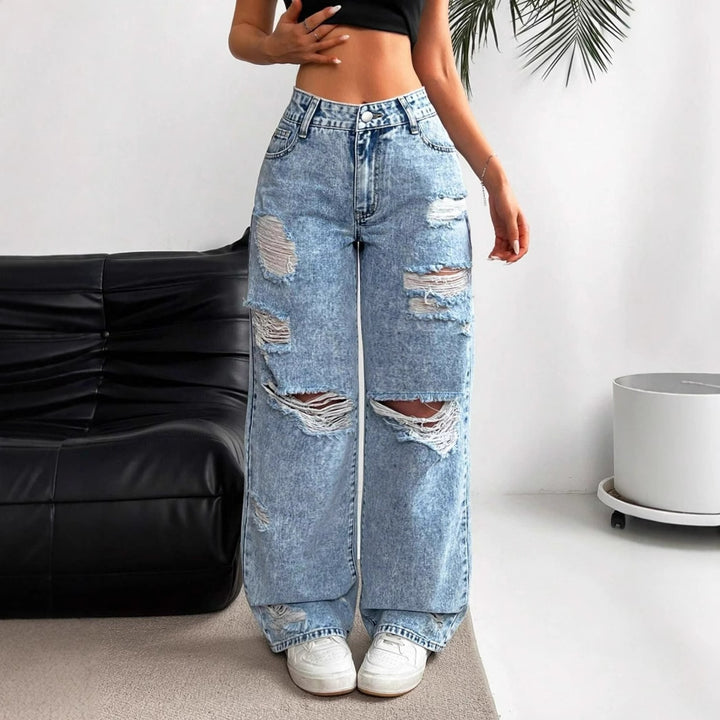 Women's High Waist Straight Leg Jeans – Distressed Hole Detail