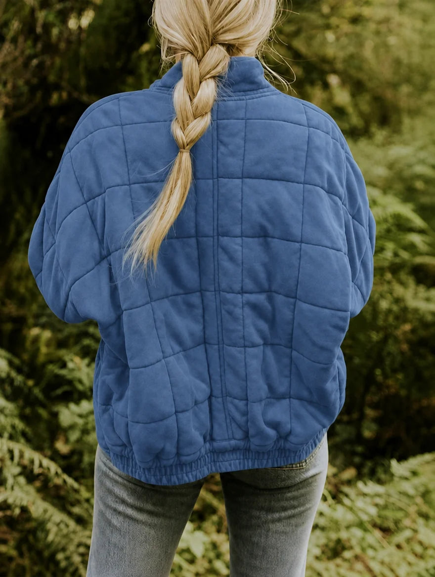 Women's Quilted Nylon Jacket – Stand Collar Zip-Up with Pockets