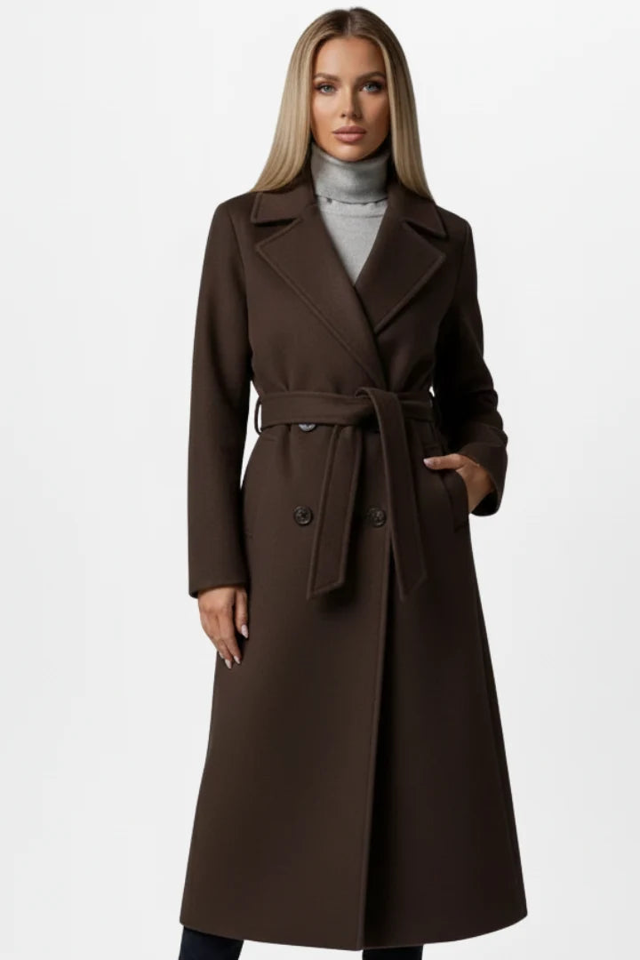 Women's Long Wool Coat – Double Breasted Belted Split Hem Overcoat