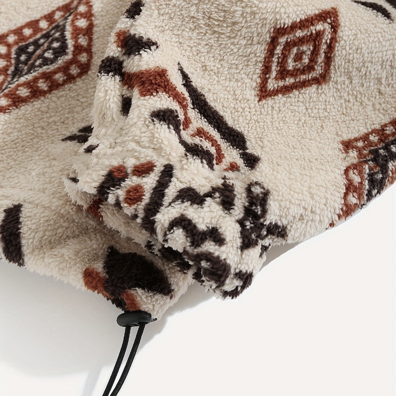 Women's Polar Fleece Coat – Geometric Print Plush Collar