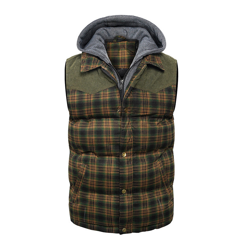 Men's Plaid Hooded Vest – Thick Padded Sleeveless Outerwear