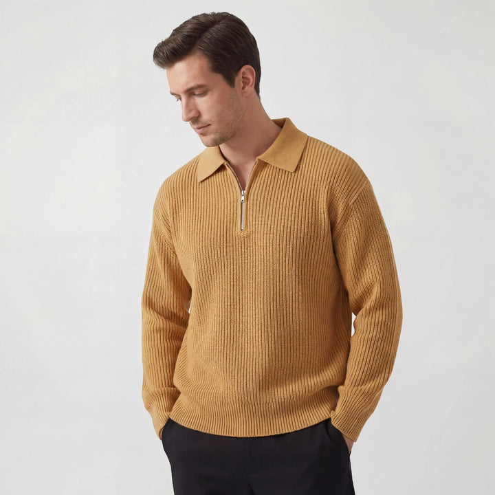 Men's Knit Zip Sweater – Textured Cotton, Relaxed Fit, Modern Collar