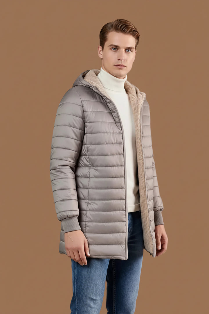 Men's Hooded Quilted Jacket – Mid-Length Fleece Lining