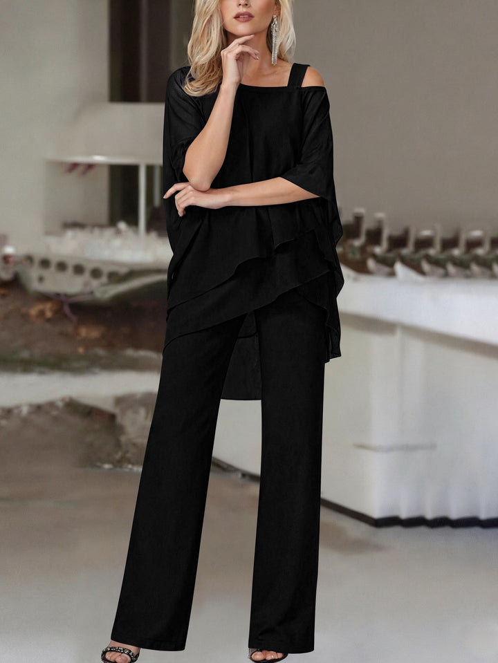 Two Piece Set in Soft Knit – Cold Shoulder Ruffle Top & Wide Leg Pants