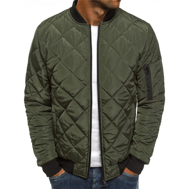 Men's Quilted Jacket with Stand Collar – Urban Rhombus Zip Front