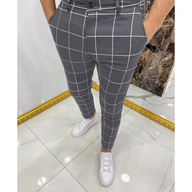Men's Plaid Cotton Trousers – Slim Mid-Rise Cut with Stretch
