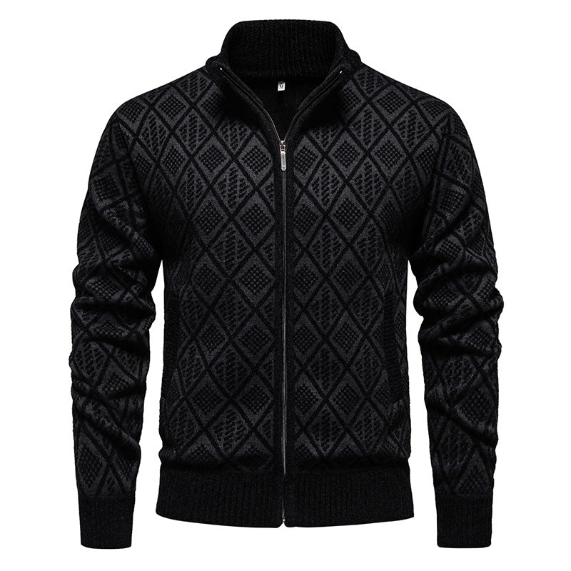Men's Thick Fleece-Lined Cardigan – Knit Stand Collar Zip Sweater