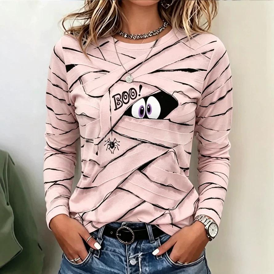 Women's Printed Crew Neck Long Sleeve Top – 3D Visual Texture