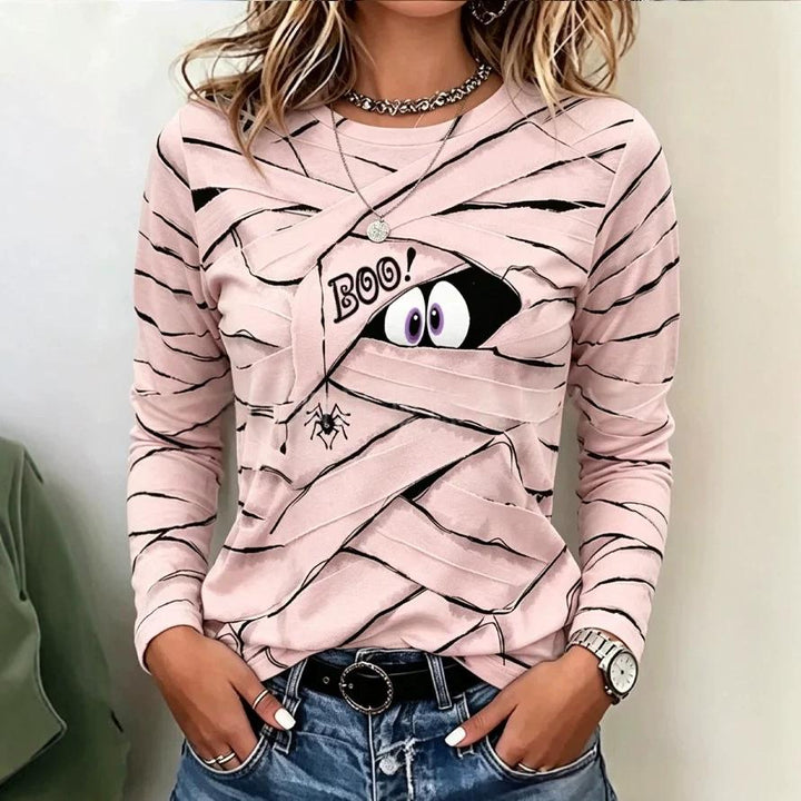 Women's Printed Crew Neck Long Sleeve Top – 3D Visual Texture