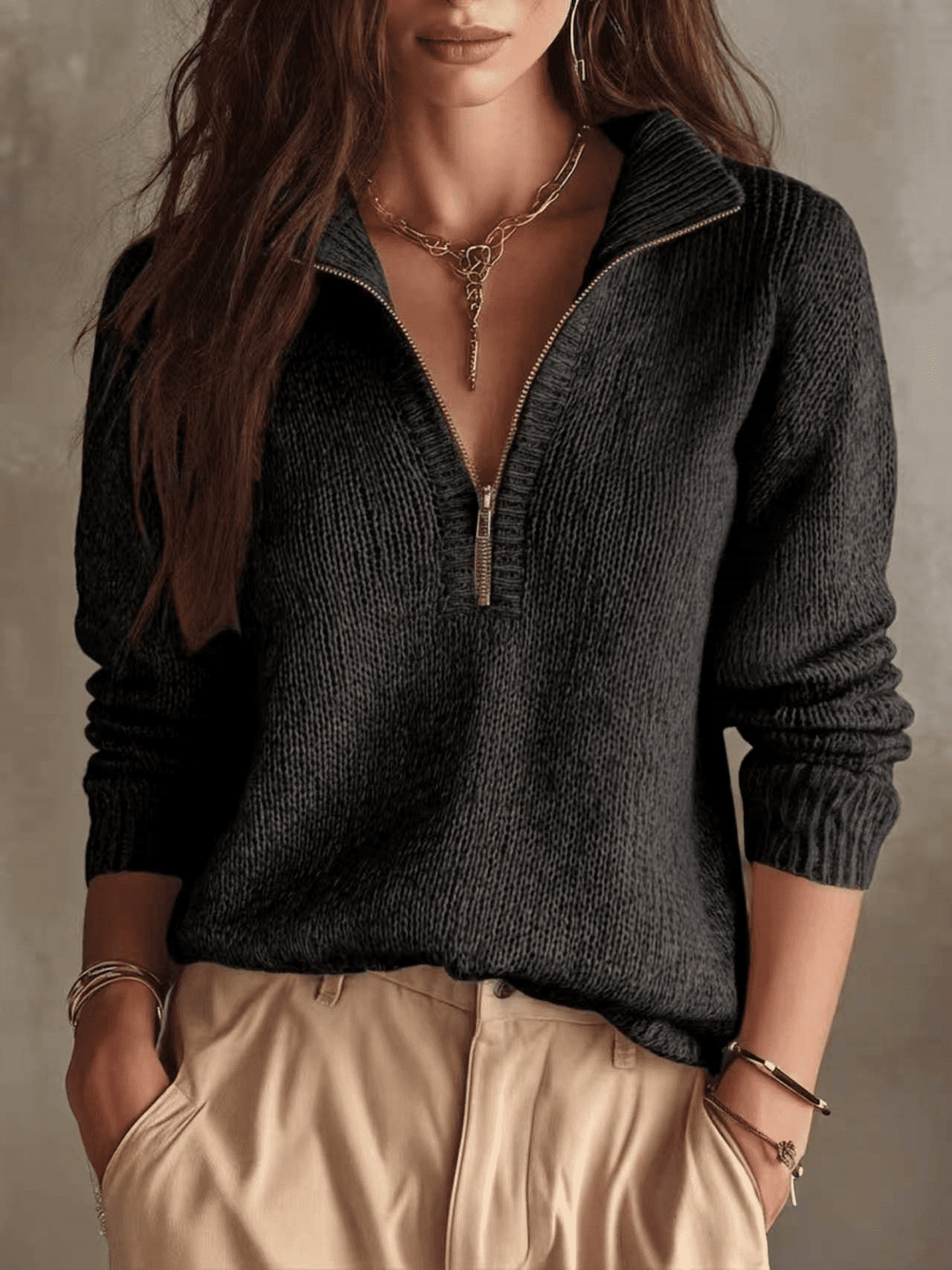 Women's High Neck Wool Blend Knit Sweater – Half-Zip Pullover