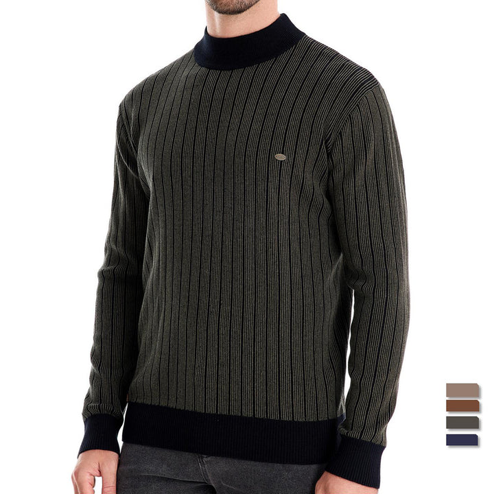 Men's Cotton Blend Slim Pullover Top – Half Turtleneck Striped Design