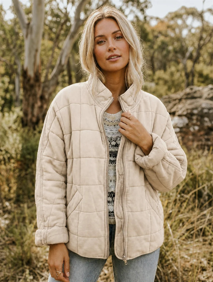 Women's Quilted Nylon Jacket – Stand Collar Zip-Up with Pockets