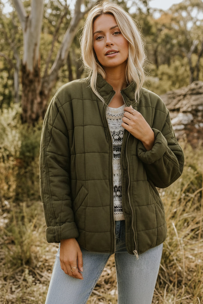 Women's Quilted Nylon Jacket – Stand Collar Zip-Up with Pockets