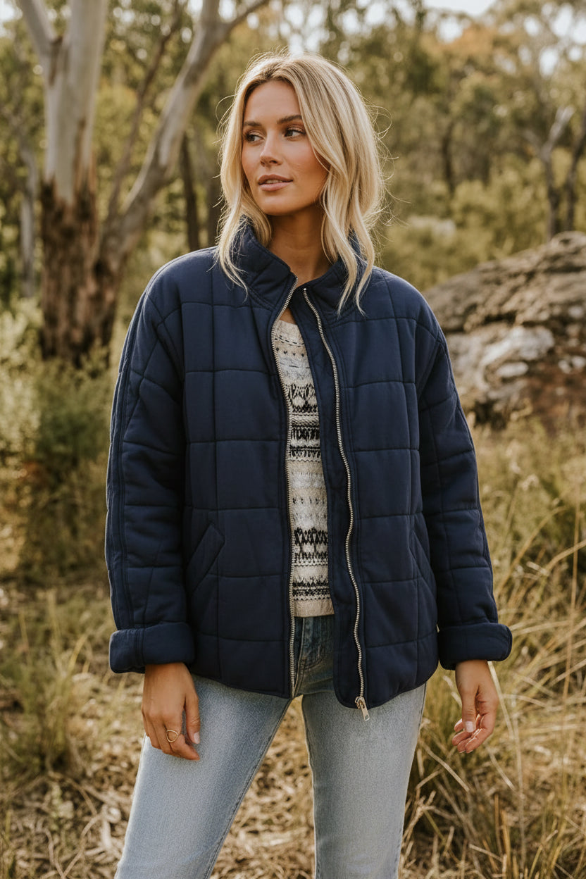 Women's Quilted Nylon Jacket – Stand Collar Zip-Up with Pockets
