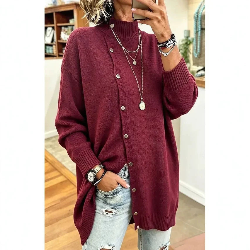 Women's Knit Turtleneck Cardigan – Button-Front Mid-Length Layer