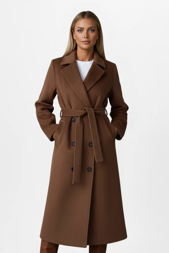 Women's Long Wool Coat – Double Breasted Belted Split Hem Overcoat