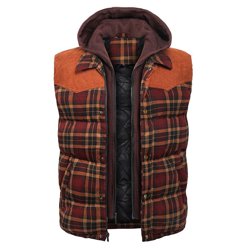 Men's Plaid Hooded Vest – Thick Padded Sleeveless Outerwear