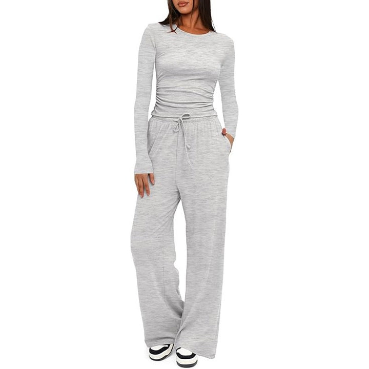 Women's Two Piece Set Wide Leg Pants & Long Sleeve Top – Relaxed Fit