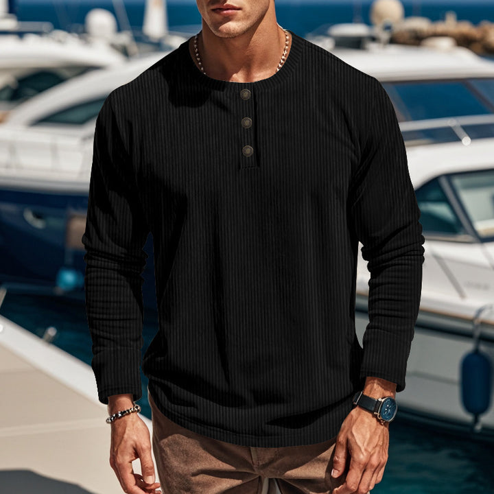 Men's Slim-Fit Corduroy Pullover Shirt – Four-Button Long Sleeve