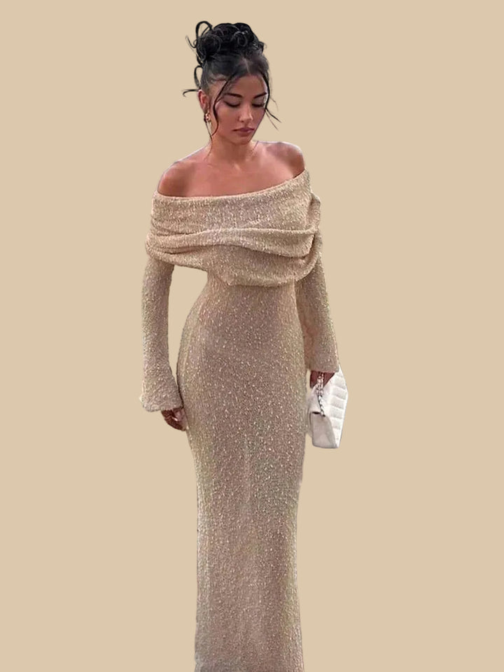Off-Shoulder Maxi Dress in Lightweight Fabric – Big Lapel, Long Sleeve