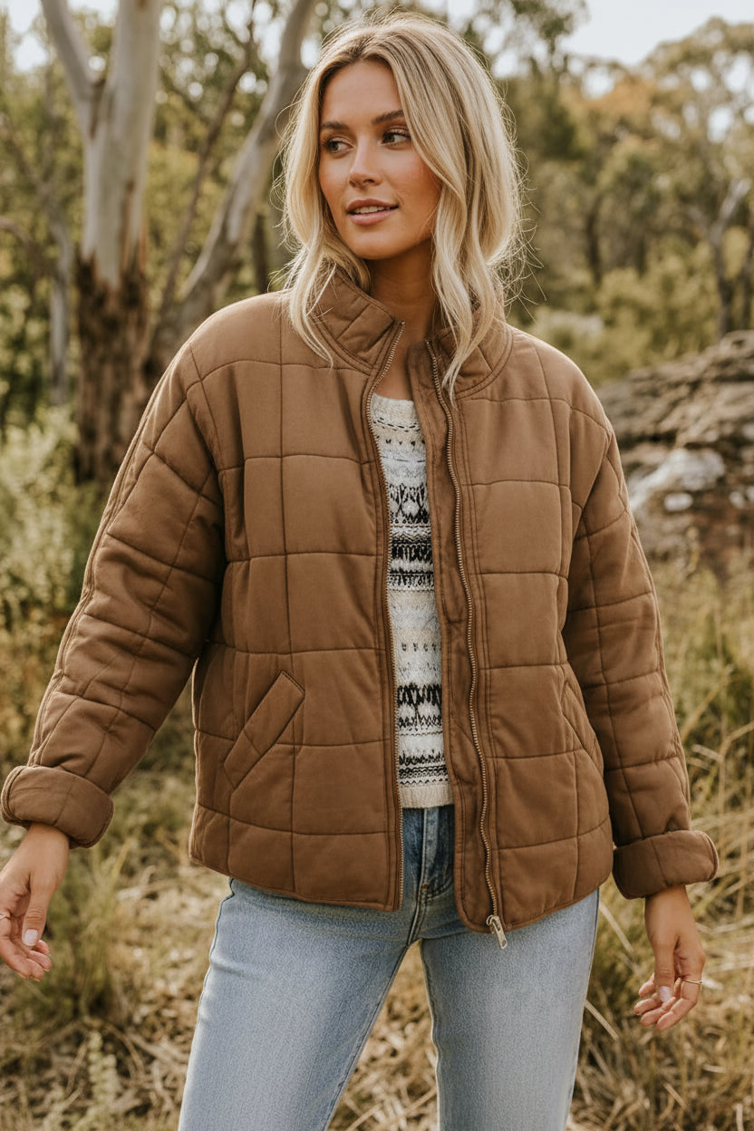 Women's Quilted Nylon Jacket – Stand Collar Zip-Up with Pockets